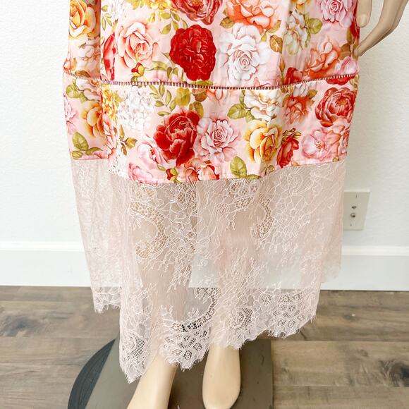 [Rachel Parcell] Pink Rose Floral Puff Sleeve Lace Trim Spring Midi Dress NWT 8 - Picture 6 of 12